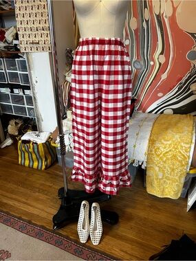 Fashion Brand Company Red and White Gingham Ruffle Hem Wide Leg Pants